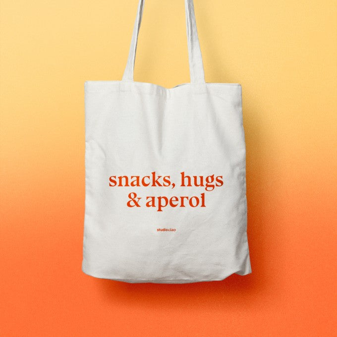 Snacks, Hugs & Aperol Jutebeutel